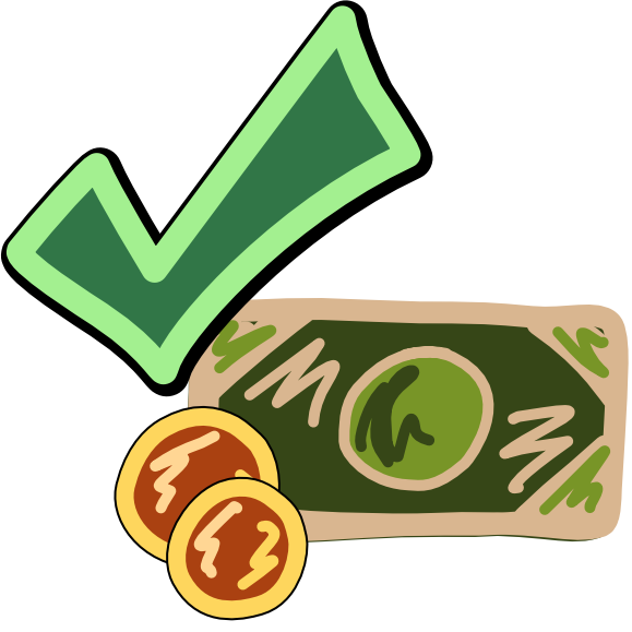 An image with dark line art shows a bill of green money with 2 yellow coins sitting at its bottom right corner. Overlapping with the top right corner is a green check mark.